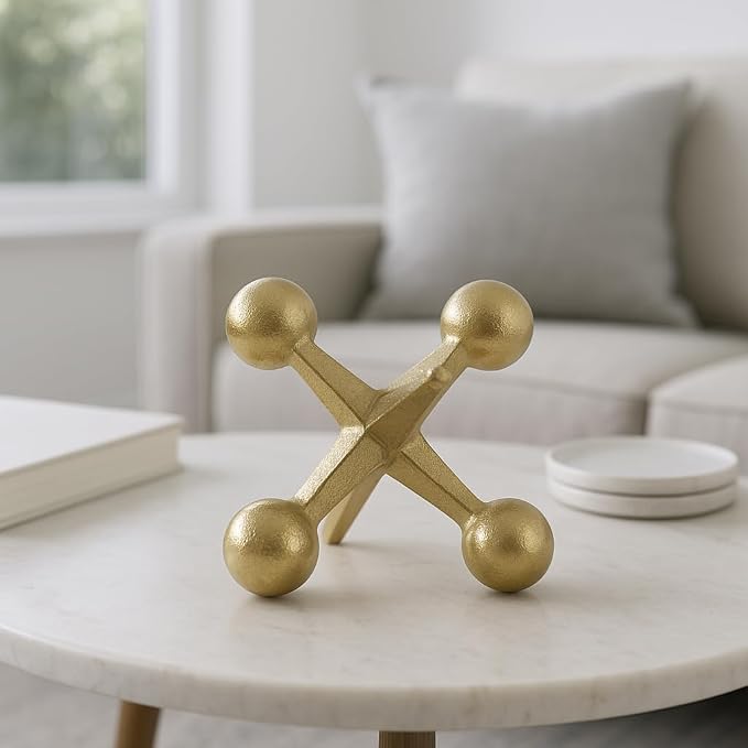 Gold Metal Jacks Decorative Object – Abstract Sculpture Modern Home Decor Ornament – Shelf Styling & Coffee Table Decor for Bathroom, Office & Living Room – 7" x 5"