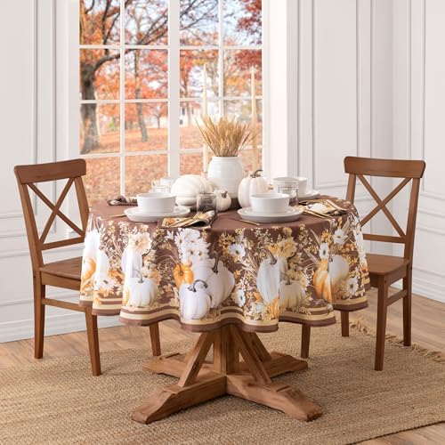 Elrene Home Fashions Wheatland Harvest Pumpkin Fall/Harvest/Thanksgiving Round Wrinkle Resistant Tablecloth, 70"x70" by ElreneHomeFashions