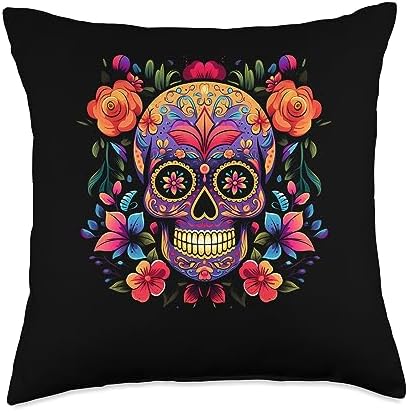 Floral Sugar Skull Flower Store Dia De Los Muertos Costume Halloween Day of Dead Sugar Skull Throw Pillow, 18x18, Multicolor