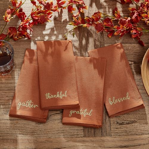 Threadmade Harvest Sentiment Embroidered Napkins, Set of 4, Rust - 17" W x 17" L - Image 7