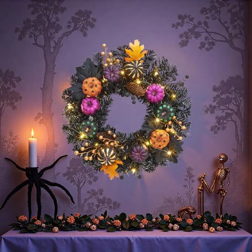 Takywep 20 Inch Halloween Wreaths for Front Door with Lights, Prelit Pumpkin Wreaths with Black Branch Berries Maple Leaves, Halloween Decorations for Indoor Outdoor Window Wall Decor - Image 6