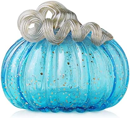 Glitzhome Decorative Hand Blown Glass Pumpkin Figurine, 5.12" H, Blue