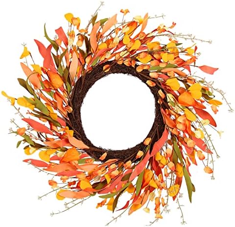 20" Artificial Fall Wreath for Front Door Orange Fall Leave Wreath Autumn Wreath with Colorful Autumn Foliage and Grain Farmhouse Fall Door Wreath for Harvest Thanksgiving Fall Decorations by Fasyou