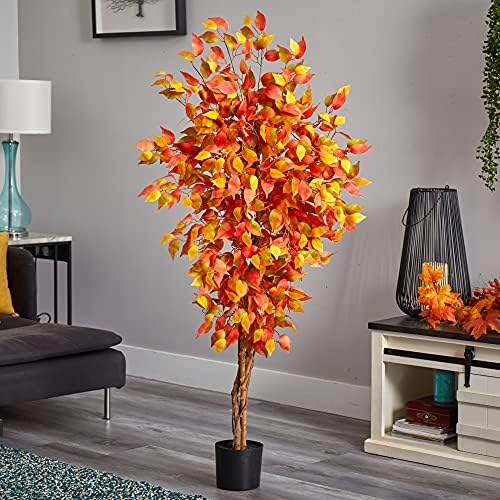 Nearly Natural 5ft Autumn Ficus Artificial Fall Tree in Black Nursery Pot - Image 3