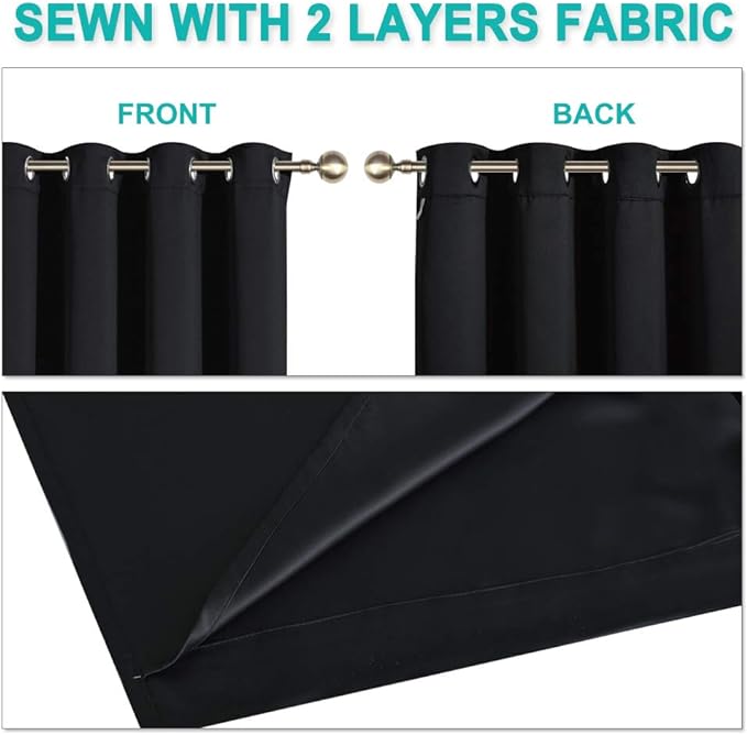 NICETOWN Extra Long Truly Blackout Drapes for Hall and Villa, 52-inch Width Each Panel, 120-inch Length, Black, 2 Pieces, 100% Blackout Window Curtain Panels with Black Lined for Night Shift Worker