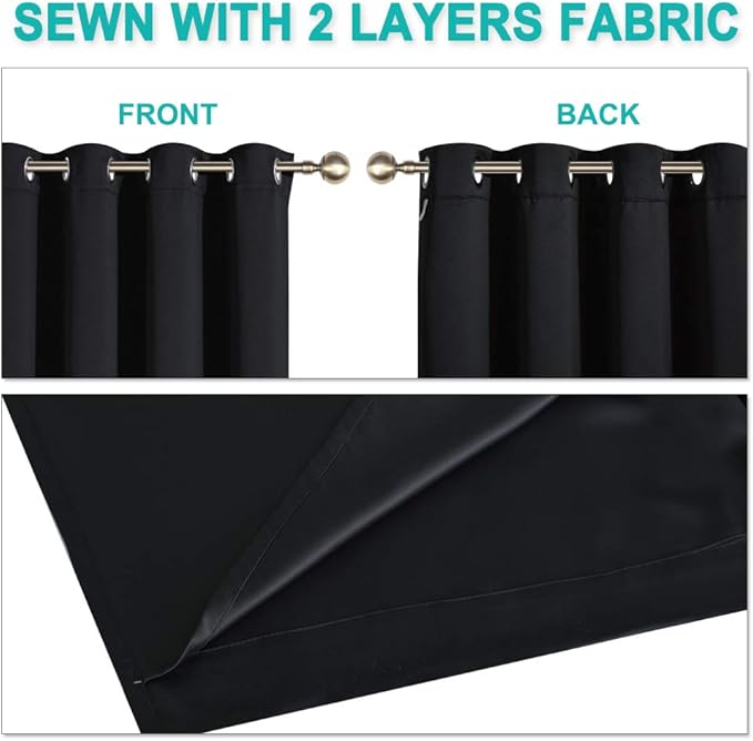 NICETOWN Complete 100% Blackout Curtain Set, Black, 37" W by 60" L, Double Panels, Thermal Insulated & Energy Efficiency Window Draperies with Black Liner, Noise Reducing Short Curtains for Kids Room