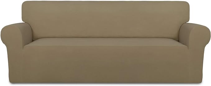 PureFit Super Stretch Sofa Slipcover – Spandex Non Slip Soft Couch Sofa Cover, Washable Furniture Protector with Non Skid Foam and Elastic Bottom for Kids, Pets （Sofa, Tan）