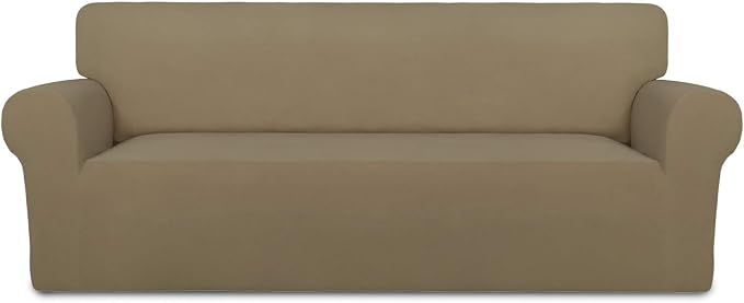 PureFit Stretch Oversized Couch Covers Fleece Sofa Slipcovers Tan | 1-Piece Sofa Cover Washable Soft Couch Protector, Couch Slipcover with Non Skid Foam and Elastic Bottom for Kids, Dogs