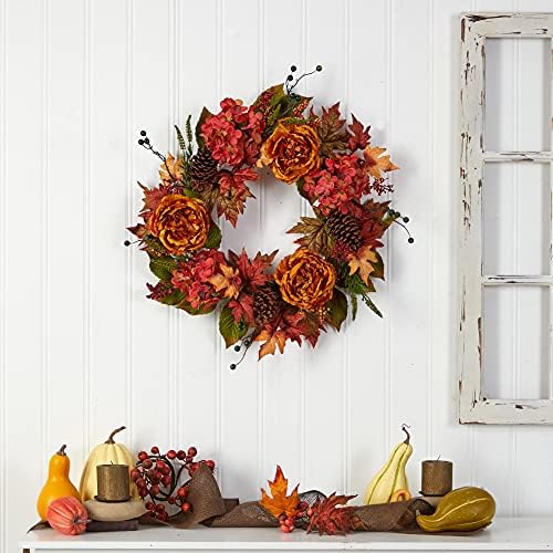 Nearly Natural 25 in Autumn Ranunculus, Hydrangea and Berries Fall Wreath - Image 4