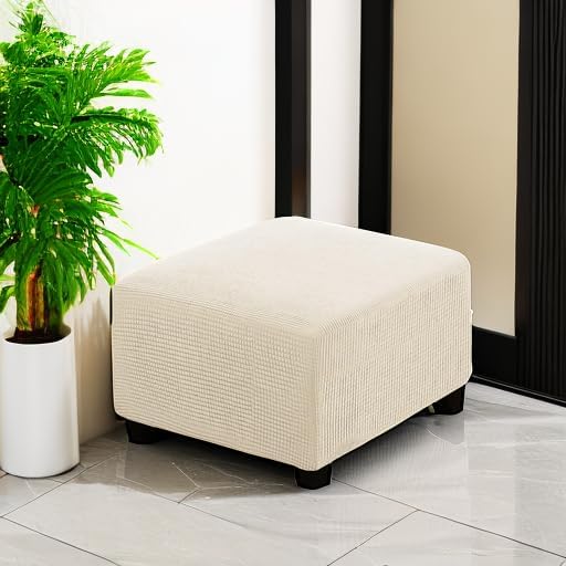 H.VERSAILTEX Square Ottoman Covers Ottoman Slipcovers Folding Storage Stool Furniture Protector Form Fit with Elastic Bottom, Stretch High Spandex Small Checks Jacquard Fabric(Medium,Natural)