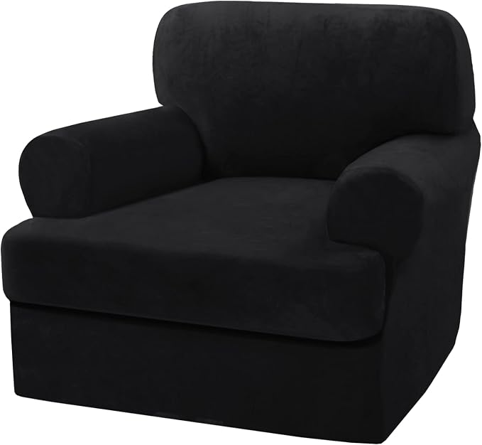 H.VERSAILTEX Sofa Cover 2 Piece T Cushion Armchair Slipcovers Thick Velvet Couch Cover Furniture Protector Stretch T Cushion Sofa Covers for 1 Cushion Couch with 1 Individual T Cushion Covers, Black