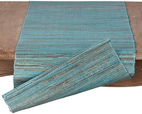 SARO LIFESTYLE Shimmering Woven Nubby Table Runner - Textured Water Hyacinth Table Runner with Sparkling Metallic Threads for Dining Tables, Everyday Entertaining and Home Décor, 14"x54", Turquoise - Image 2