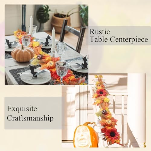 Fall Garland for Mantle,6FT Fall Leaves Pumpkin Garland with Berries/Ribbon for Christmas Autumn Decoration,Great Farmhouse Fall Decor for Home. - Image 3