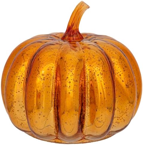 Boston International Handblown Glass Pumpkin with LED Light Thanksgiving Halloween Decorations for Home, Small, Orange Starry by BostonInternational