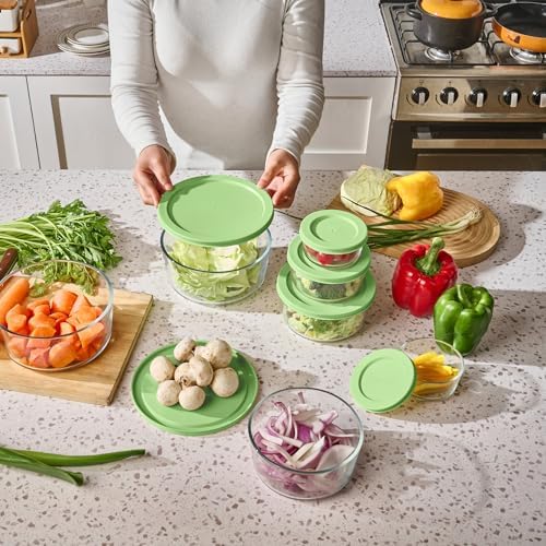 12-Piece Glass Food Storage Containers Set (6 Containers + 6 BPA-Free Lids) | 2-Cup, Leakproof | Microwave, Freezer, Oven & Dishwasher Safe | Ideal for Meal Prep & Pantry Organization, Pistachio