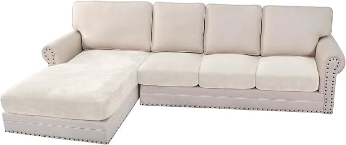 H.VERSAILTEX Velvet Stretch Sectional Couch Covers 4 Pieces Sofa Seat Cushion Covers L Shape Separate Cushion Couch Cover for Left/Right Sectional Couch(Large Sofa 3 Seater + 1 Chaise,Porcelain White)