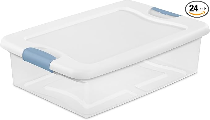Sterilite Latching Box with Lids for Home and Office, 32 Quart, 24-Pack | Heavy-Duty and Stackable Plastic Containers with Latches for Closet, Cabinet, Bedroom, Bathroom and Dorm Room Organization