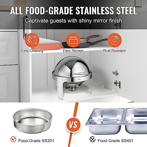 VEVOR Roll Top Chafing Dish Buffet Set, 6 Qt 2 Pack, Stainless Steel Chafer with 2 Full Size Pans, Round Catering Warmer Server with Lid Water Pan Stand Fuel Holder, for at Least 5 People Each - Image 3