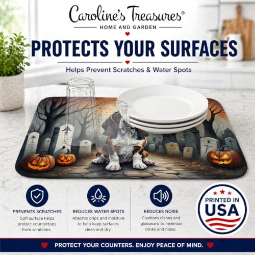 Caroline's Treasures DAC2010DDM Basset Hound Spooky Halloween Dish Drying Mat Absorbent Dish Drying Mat Pad for Kitchen Counter Dish Drainer Mat for Countertop, 14 x 21", Multicolor