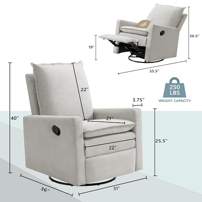 Oxford Baby Uptown Upholstered Glider Recliner Rocking Chair 360° Swivel for Nursery and Living Room - Sand, Green Guard Gold Certified
