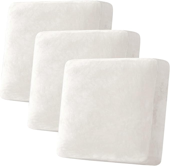 H.VERSAILTEX Velvet Stretch Couch Cushion Cover Plush Cushion Slipcover for Chair Loveseat Sofa Cushion Furniture Protector Seat Cushion Sofa Cover (3 Piece XL Sofa Cushion Covers, Porcelain White)