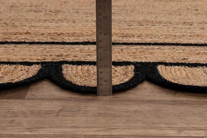 Scalloped Natural Jute Area Rug for Bedroom Living Room, Kitchen, Patio, Hallway, Entryway, Indoor, Outdoor, Farmhouse, Morden Carpet, Door Mat Black, 2x5 ft.