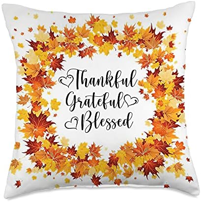 Thanksgiving Thankful Grateful Blessed Autumn Fall Leaves Throw Pillow by Unknown