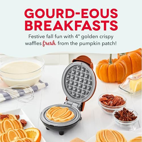 Dash Pumpkin Mini Waffle Maker, 4-Inch Nonstick Cooking Surface, Orange - Image 2