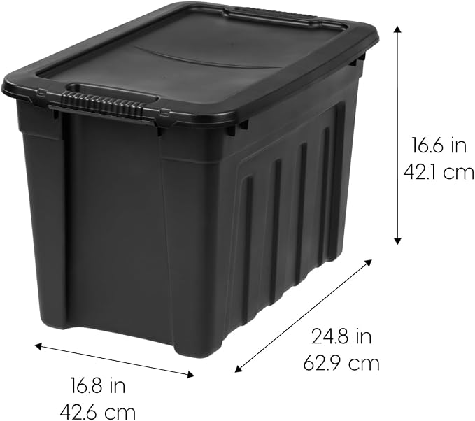 IRIS USA 4-Pack 20 Gal Heavy Duty Storage Totes with Lids, Black | Heavy-duty design with easy-grip handles for comfortable carrying, Great for tools, garage organization, camping gear