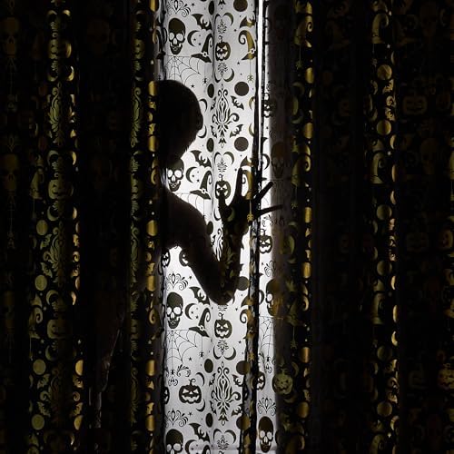 NICETOWN Halloween Curtains Decor Black Sheer Curtains 96 Inches Long for Indoor & Outdoor, 52" Wide Scary Creepy Skull Skeleton Drapres Grommet for Halloween Party, Living Room, Kitchen, 2 Panels