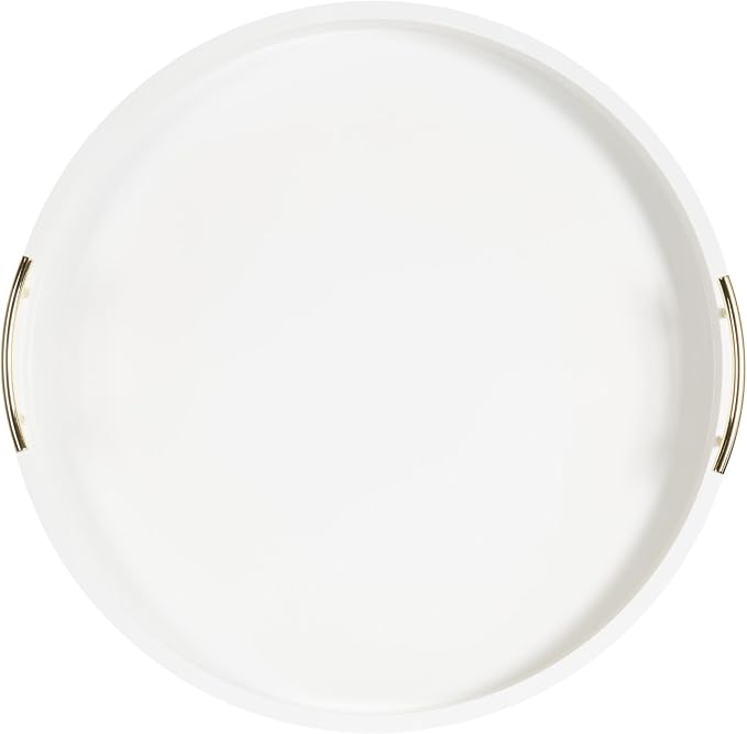 Kate And Laurel Lipton Modern Round Ottoman Tray; 22 Inch Diameter; White and Gold; Decorative Circle Coffee Table Tray for Living Room Decor or Large Serving Tray