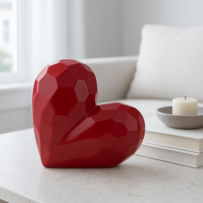 Decorative Ceramic Heart Sculpture for Home Decor - Ornament for Bathroom, Office, and Living Room Decor - Modern Figurine Accent for Bedroom, Shelf Display, and Coffee Table - 12", Red