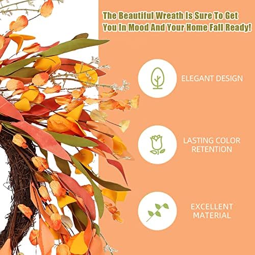 20" Artificial Fall Wreath for Front Door Orange Fall Leave Wreath Autumn Wreath with Colorful Autumn Foliage and Grain Farmhouse Fall Door Wreath for Harvest Thanksgiving Fall Decorations - Image 4