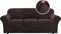 H.VERSAILTEX Modern Velvet Plush 4 Piece High Stretch Sofa Slipcover Sofa Cover Furniture Protector Form Fit Luxury Thick Velvet Sofa Cover for 3 Cushion Couch Width Up to 90 Inch (Sofa,Brown)