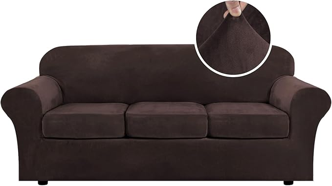 H.VERSAILTEX Modern Velvet Plush 4 Piece High Stretch Sofa Slipcover Cover Form Fit Luxury Thick Velvet Extra Large Sofa Cover for 3 Cushion Couch Width Up to 105 Inch (XL Sofa, Brown)