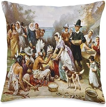 The Pilgrims First Thanksgiving Throw Pillow by Unknown