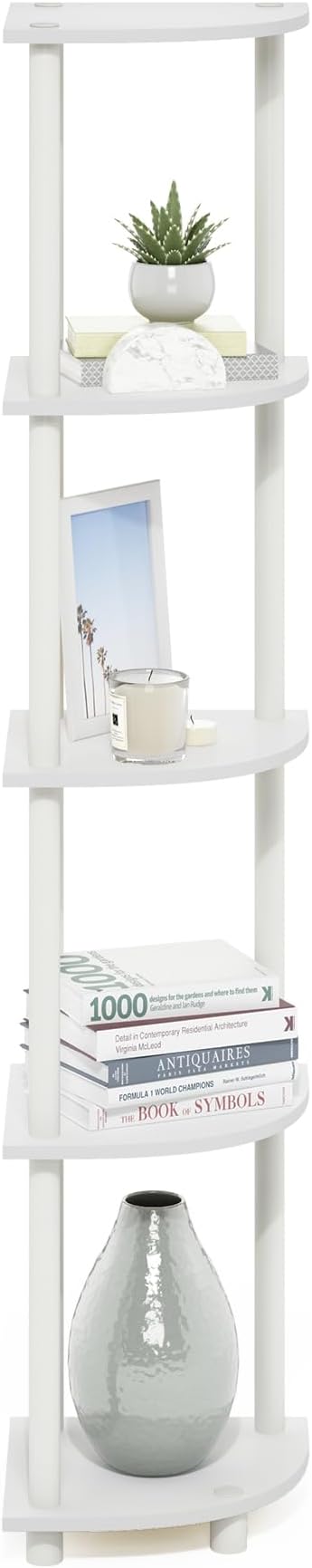 Furinno Turn-N-Tube Corner Shelf, 5-Tier Corner Bookshelf, Open Storage Shelves, for Organization and Storage, Living Room, Home Office, Garage, Bedroom, White