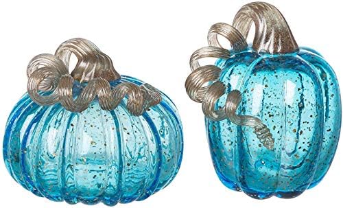 Glitzhome Decorative Hand Blown Glass Pumpkin Figurine, 5.12" H, Blue