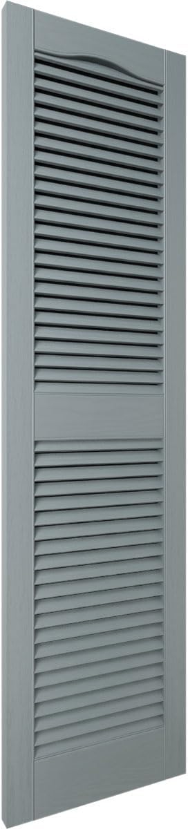 12"W x 55"H Lifetime Vinyl, Standard Cathedral Top Center Mullion, Open Louver Shutters, w/Installation Shutter-Lok's & Matching Screws (Per Pair), Storm Cloud