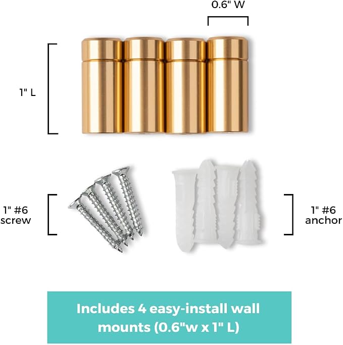 1" Gold Stainless Steel Mounting Hardware for Acrylic Floating Frames (Pack of 4) | 1" Gold Designer Grade Powder-Coated Aluminum Standoffs for Floating Frames, Corrosion-Resistant, with Screws & Anchors