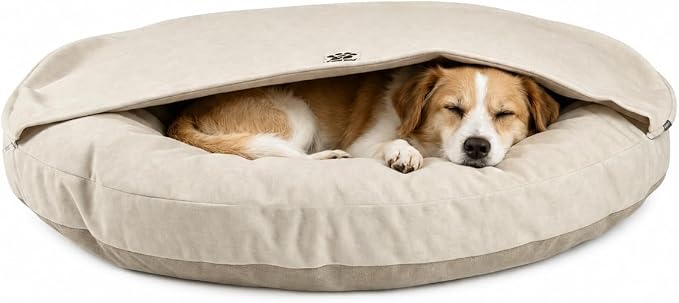 2-in-1 Human & Pet Shared Round Sofa Dog Bed with High Resilience Foam, Modern Neutral Tone Indoor Pet Furniture(Beige)
