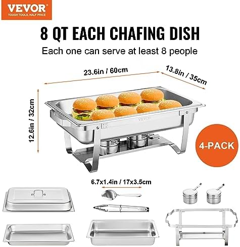 VEVOR Chafing Dish Buffet Set, 8 Qt 4 Pack, Stainless Chafer with 4 Full Size Pans, Rectangle Catering Warmer Server with Lid Water Pan Folding Stand Fuel Tray Holder Spoon Clip - Image 2