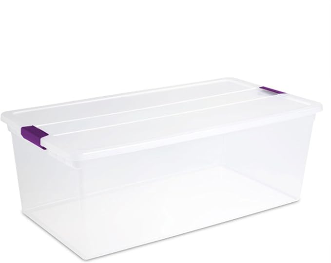 Sterilite Clearview Latch Boxes, Storage Bins with Lids, 110 Quart, 8-Pack | Clear Plastic Organizers with Color Accent Latches for Closet, Bedroom, Shelving Units, Dorm Room and Home Organization