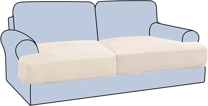 H.VERSAILTEX Stretch 2 Piece T Cushion Sofa Slipcovers Individually Sofa Cushion Covers for 2 Cushion Couch Sofa Seat Cushion Covers with Elastic Bands Featuring Thicker Jacquard Fabric, Cream