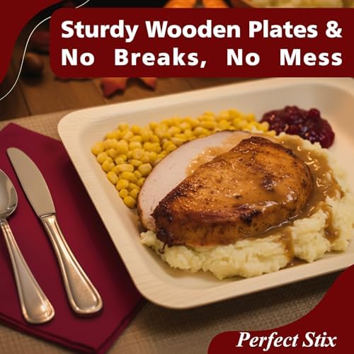 Perfect Stix 10-Inch Wooden Plates with “Eat Drink & Be Thankful” Printed in Burgundy – Eco-Friendly Disposable Dinner Plates – Fall Tableware for Thanksgiving & Friendsgiving Parties – Pack of 25 - Image 5