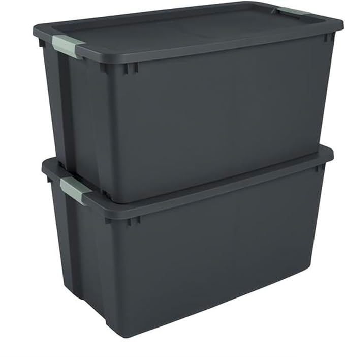 Sterilite 8-Pack Latch Tote, Stackable Plastic Storage Bin Containers, 45 Gal, Gray/Green - Large Organizer Boxes with Lids and Wheels for Closet, Bedroom, Tool, and Laundry Organization