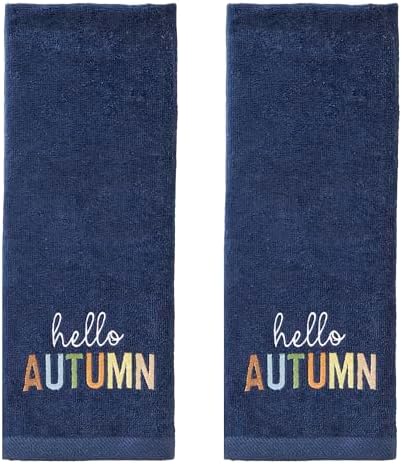 SKL Home Fall Hello Autumn Hand Towel Set-2pc, 100% Cotton, Navy by SKLHomebySaturdayKnightLtd