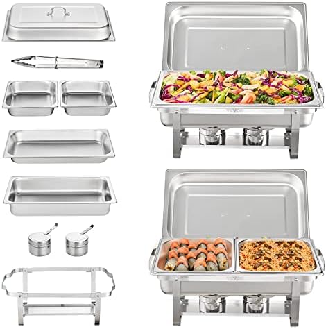 VEVOR Chafing Dish Buffet Set, 8 Qt 2 Pack, Stainless Steel Chafer with 2 Full Size Pans, Rectangle Catering Warmer Server with Glass Lid Water Pan Folding Stand Fuel Holder, for Wedding Party Banquet by VEVOR