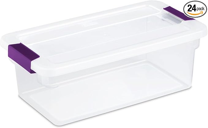 Sterilite 6 Qt ClearView Latch Storage Box Stackable Bin with Latching Lid, Plastic Container to Organize Shoes in Closet, Clear (24 Pack) | Clear Plastic Organizers with Color Accent Latches for Closet, Bedroom, Shelving Units, Dorm Room and Home Orga...