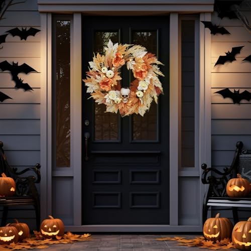 Takywep Pre-Lit 22 Inch Halloween Wreath for Front Door with 20 LED Lights, Skull Wreath with White Pumpkins Maple Leaves, Halloween Fall Thanksgiving Decor for Indoor Outdoor - Image 6
